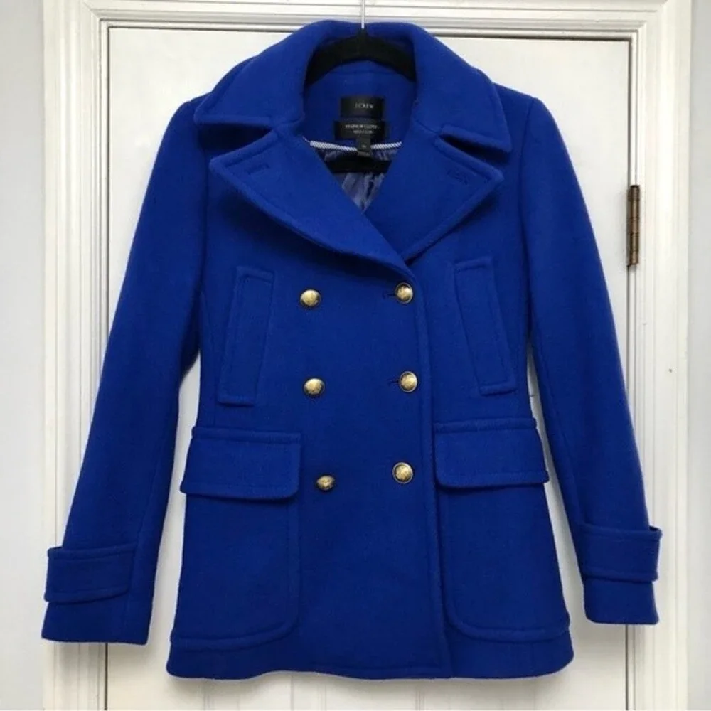 J Crew Pea Coat Jacket Majesty Stadium Cloth Royal Blue Wool Goldtone Buttons 0 - Picture 1 of 6
